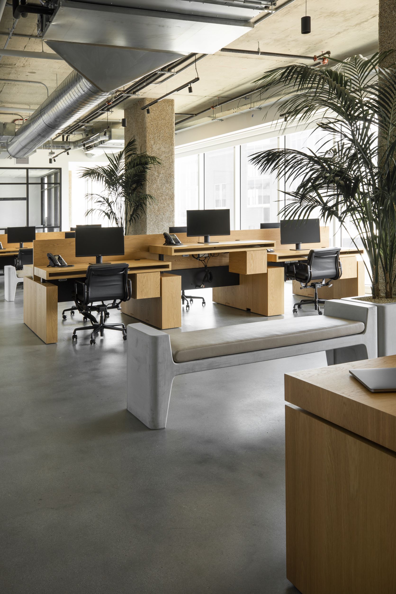 Roc Nation open office workspace with exposed structure and indoor palms
