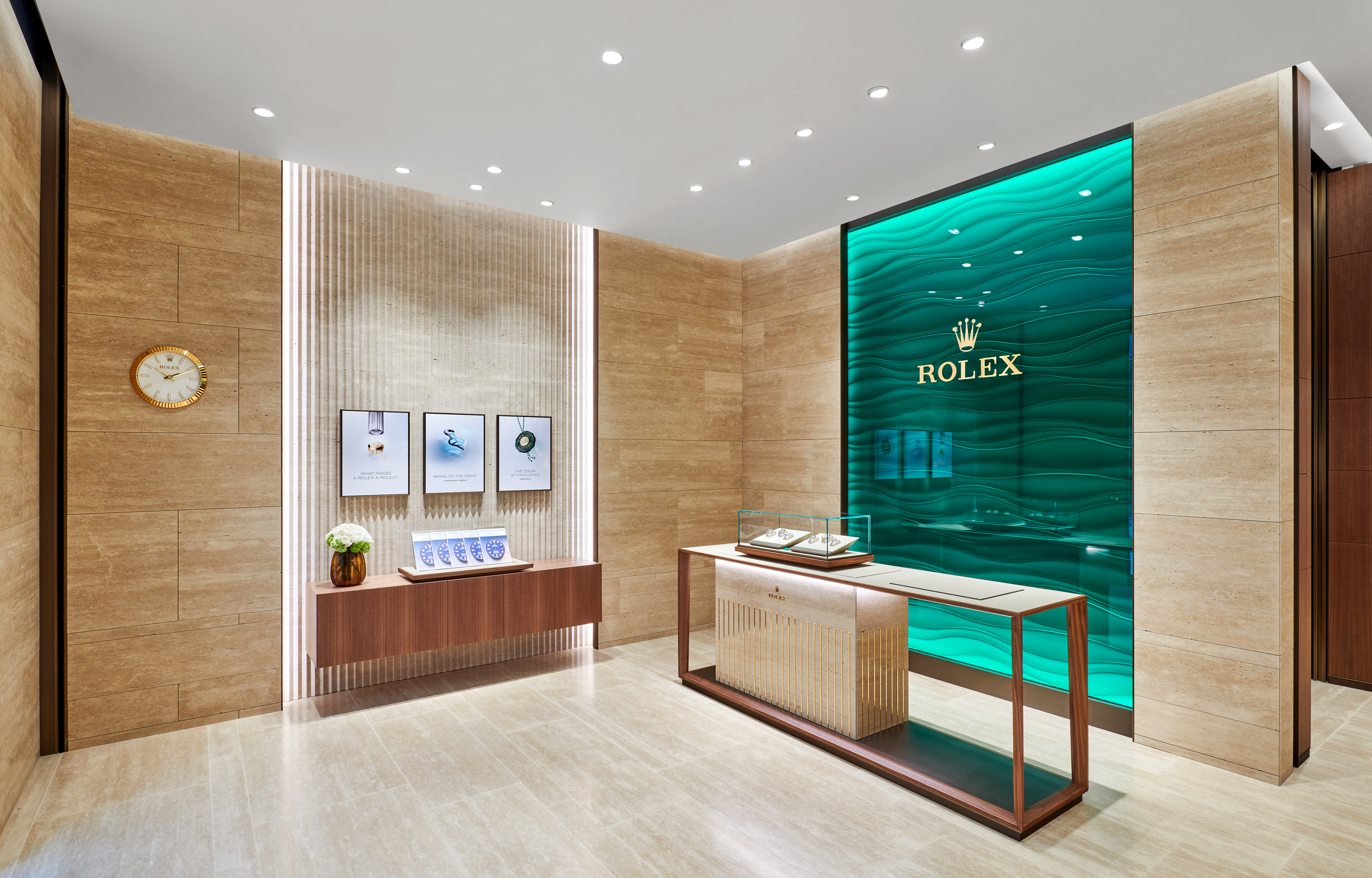 Rolex boutique interior entry with Rolex branded malachite green wall — Topanga, CA
